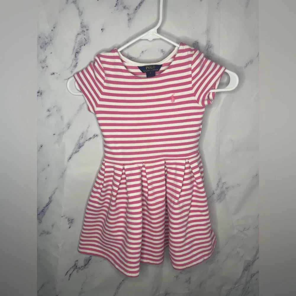 Polo by Ralph Lauren Girls White and Pink Striped Fit & Flare Dress Sz 6 - Picture 1 of 3